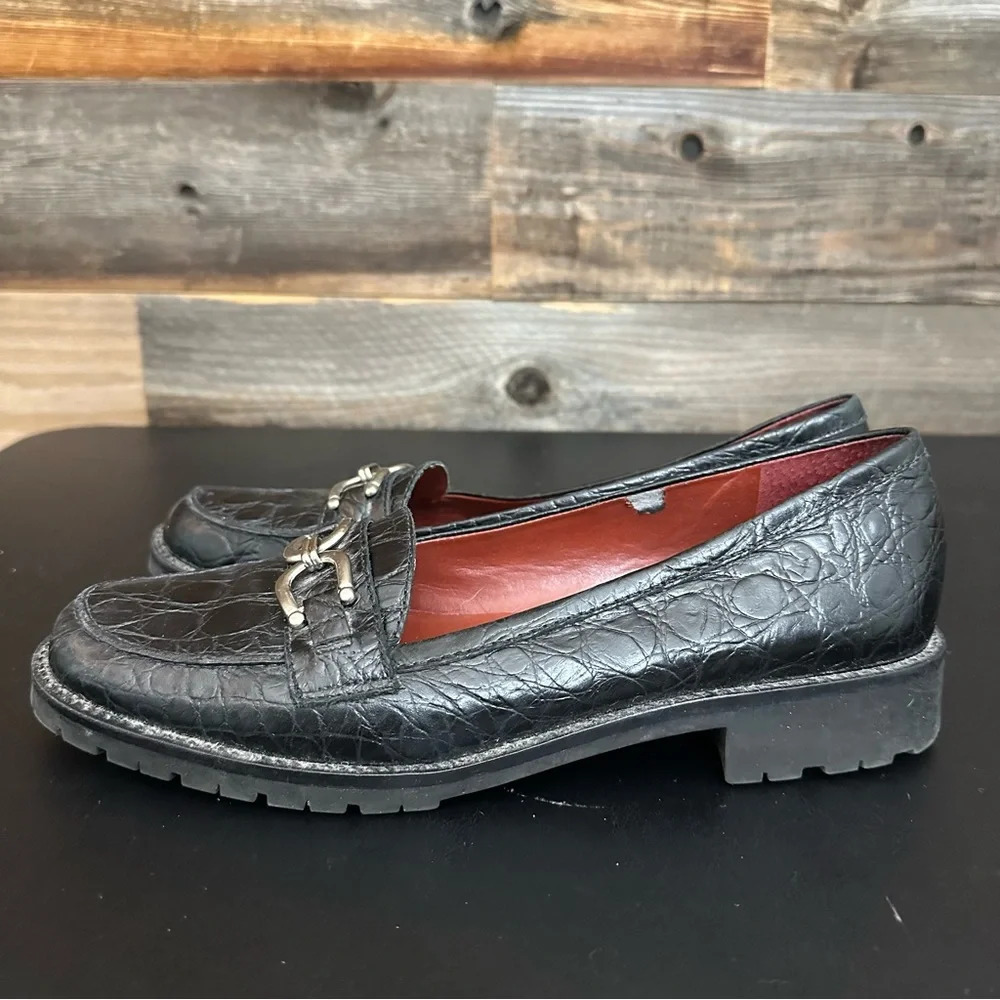 Talbots Women's Loafer Size 9 AA Slip On Flats Black Croc Buckle Strap Leather